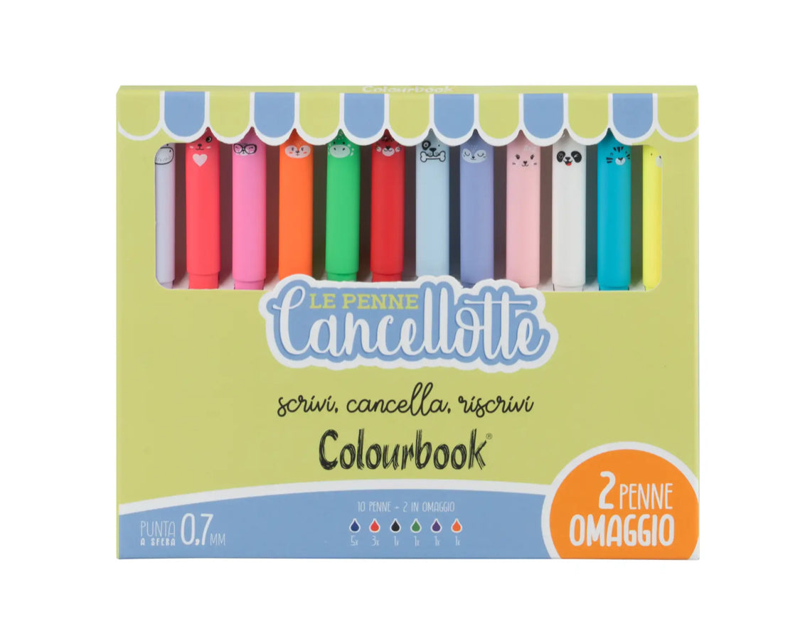 Set di 10 penne gel cancellabili con fantasie animali +2 in omaggio. 6 inchiostri assortiti.